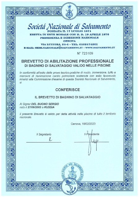 Piscina Brevetto salvataggio Sergio Del Buono