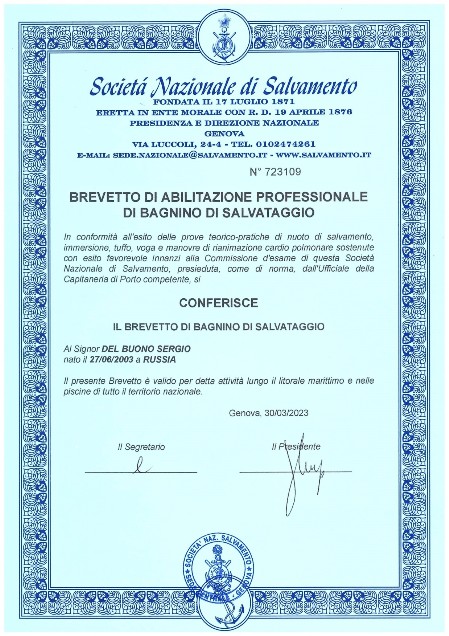 Brevetto salvataggio mare Sergio Del Buono